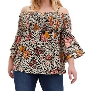 Torrid Plus Sz 1 Leopard & Floral Print Bell Sleeve Off Shoulder NWT Babydoll